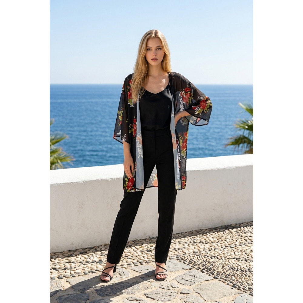 Sheer Mesh Duster Top Black Rose Floral Western Boho Beach‎ Cover Up Festival